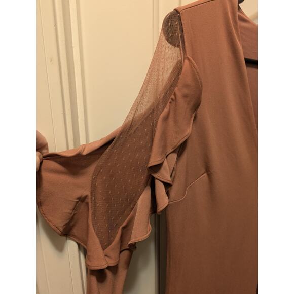 New! Express Ruffle Flutter Sheer Bodycon Vneck Mini Dress Rose Brown Size M - Picture 7 of 11
